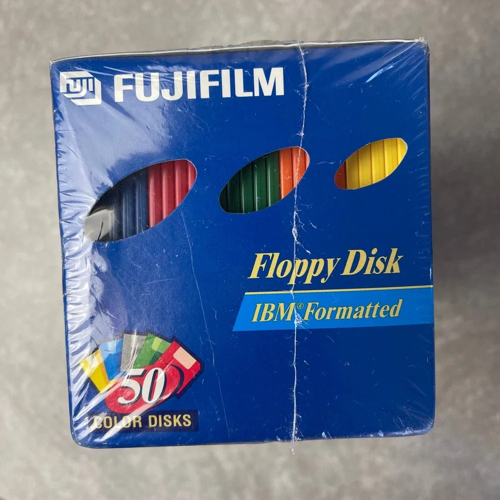 Fujifilm Floppy Disk IBM Formated 3.5” Color 50 Pieces w/ Labels NEW! Sealed Box
